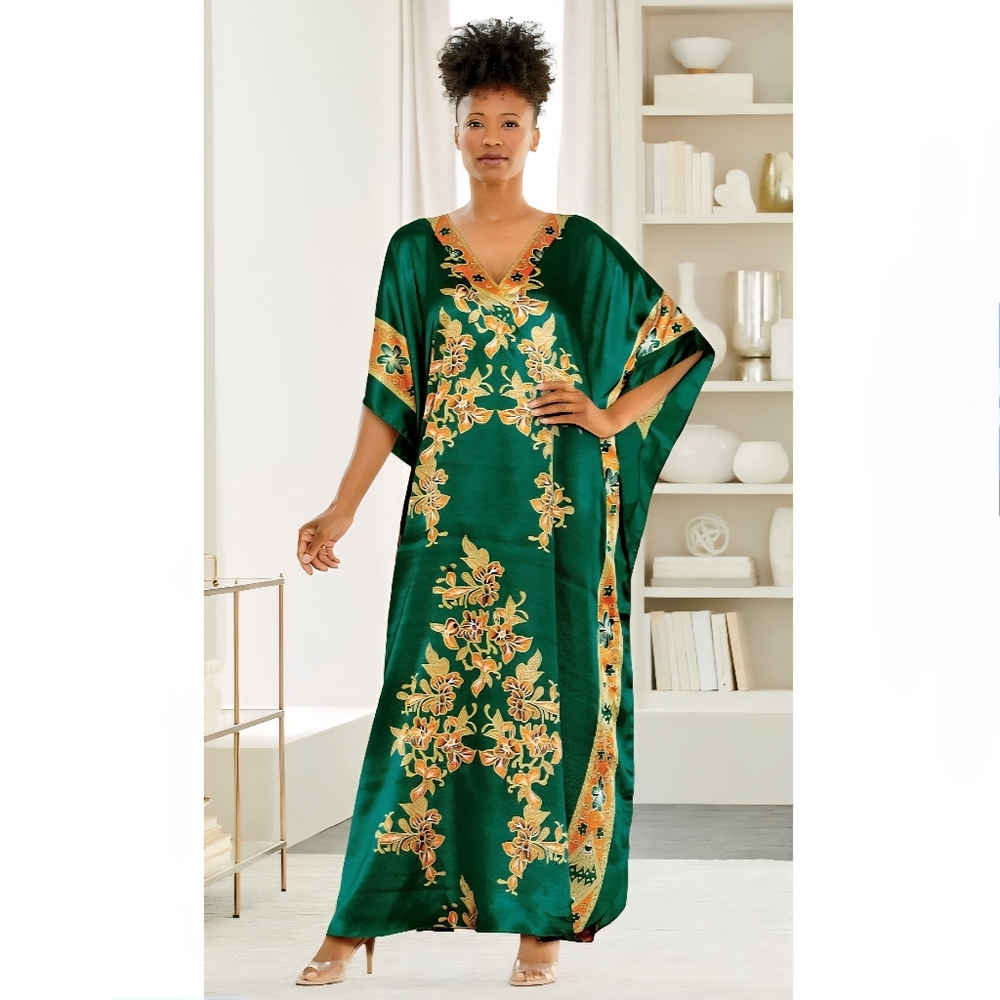 Winlar Women's Long Caftan Muu Muu & Margs One Size Green Gold Satin Mrs. Roper.